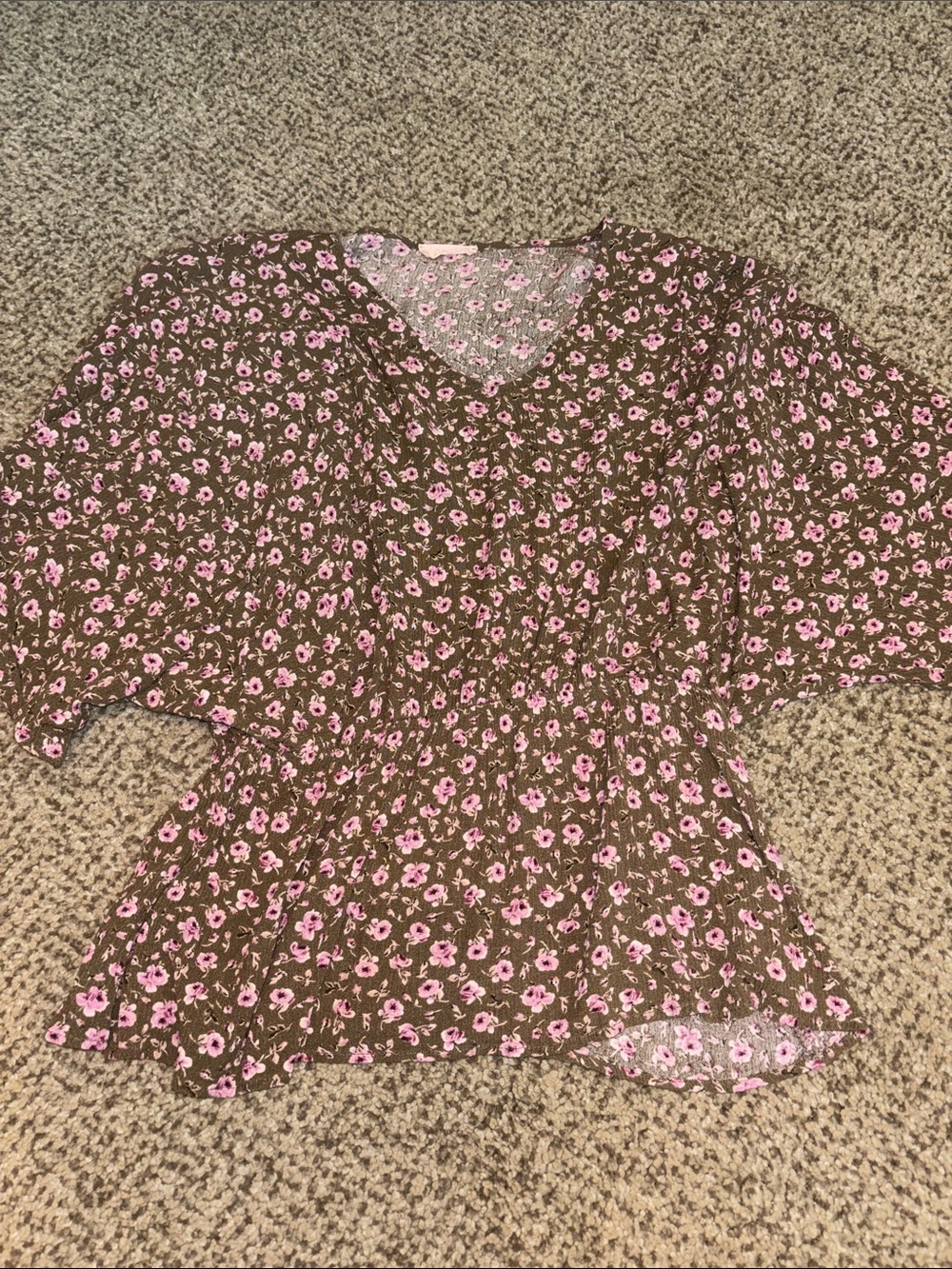 Oddy Brown Floral V-Neck Dolman Peplum Blouse with Pink Flowers Small